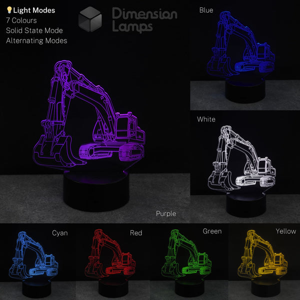 Excavator construction digger night light displaying various colours on a dark background.