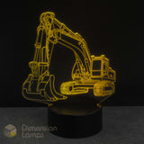 3D excavator-shaped lamp on a black background with 'Dimension Lamps' branding.