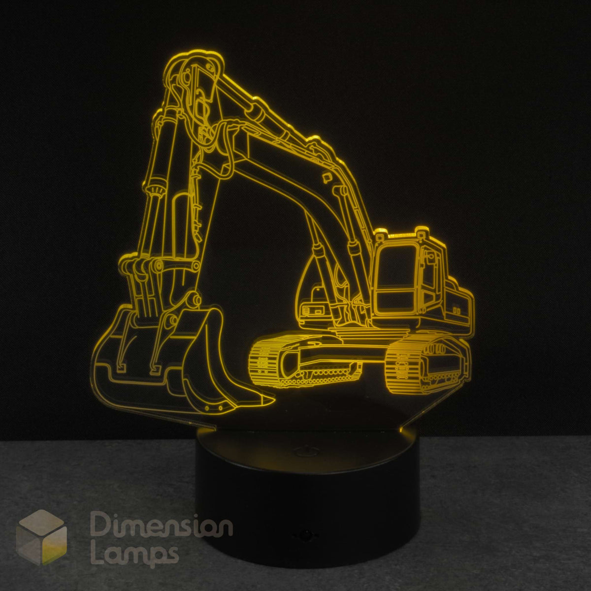 3D excavator-shaped lamp on a black background with 'Dimension Lamps' branding.