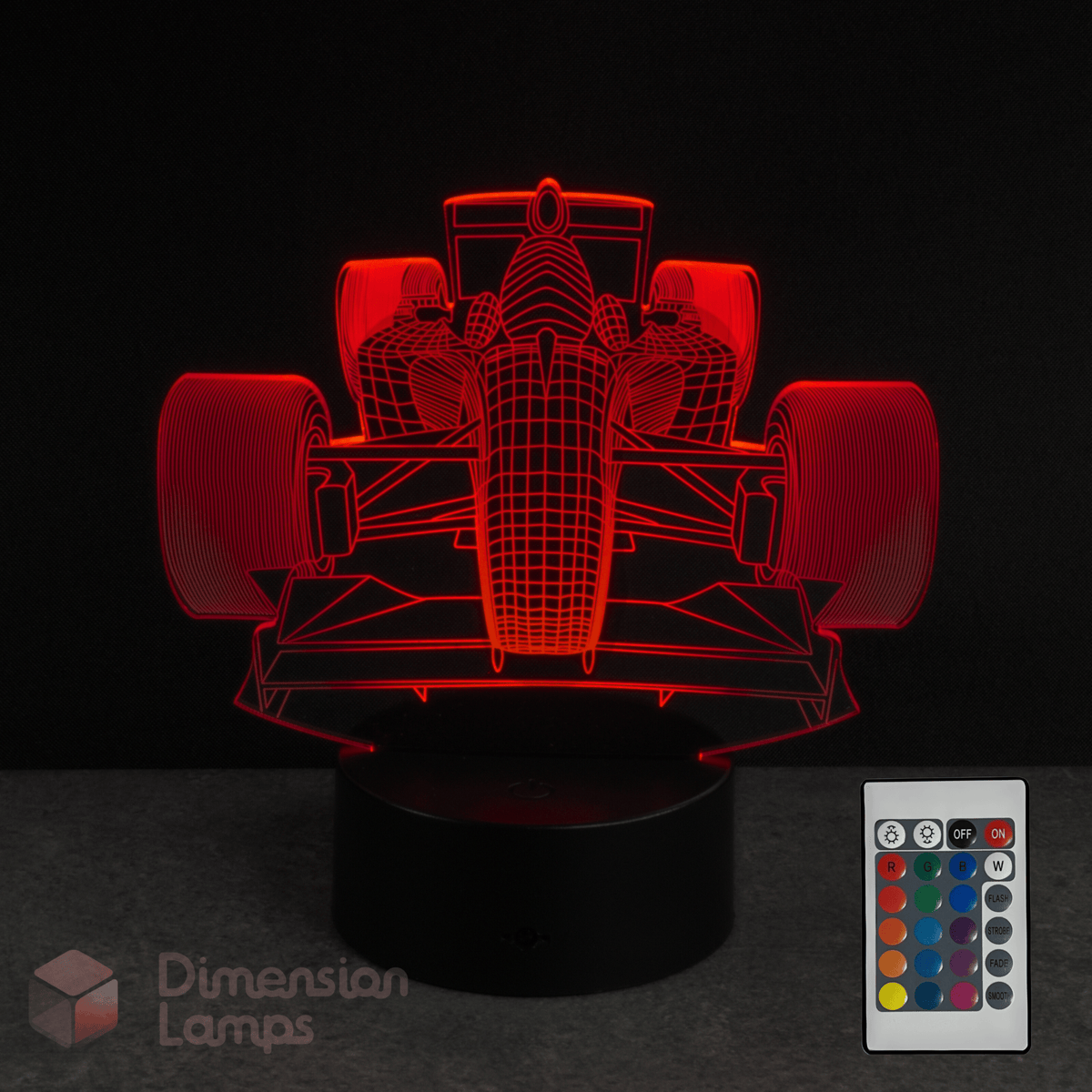 3D racing car lamp with remote control on a dark background, boys gift idea.
