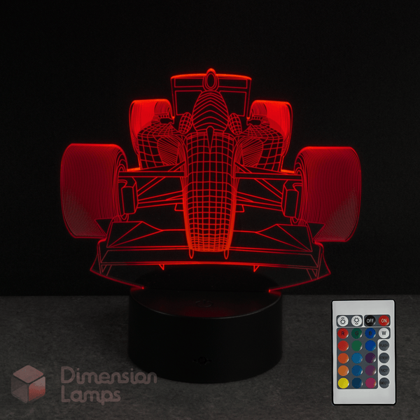 3D racing car lamp with remote control on a dark background, boys gift idea.