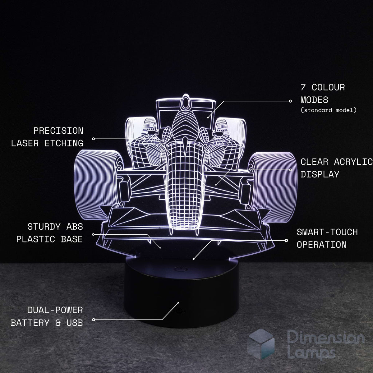 Formula one car-shaped night light with technical specifications on a black background