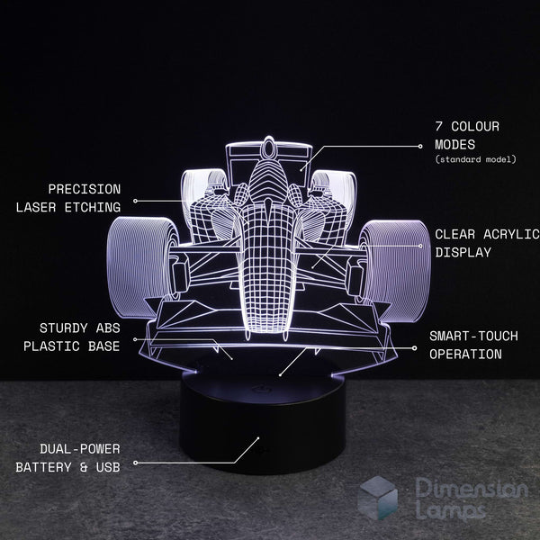 Formula one car-shaped night light with technical specifications on a black background