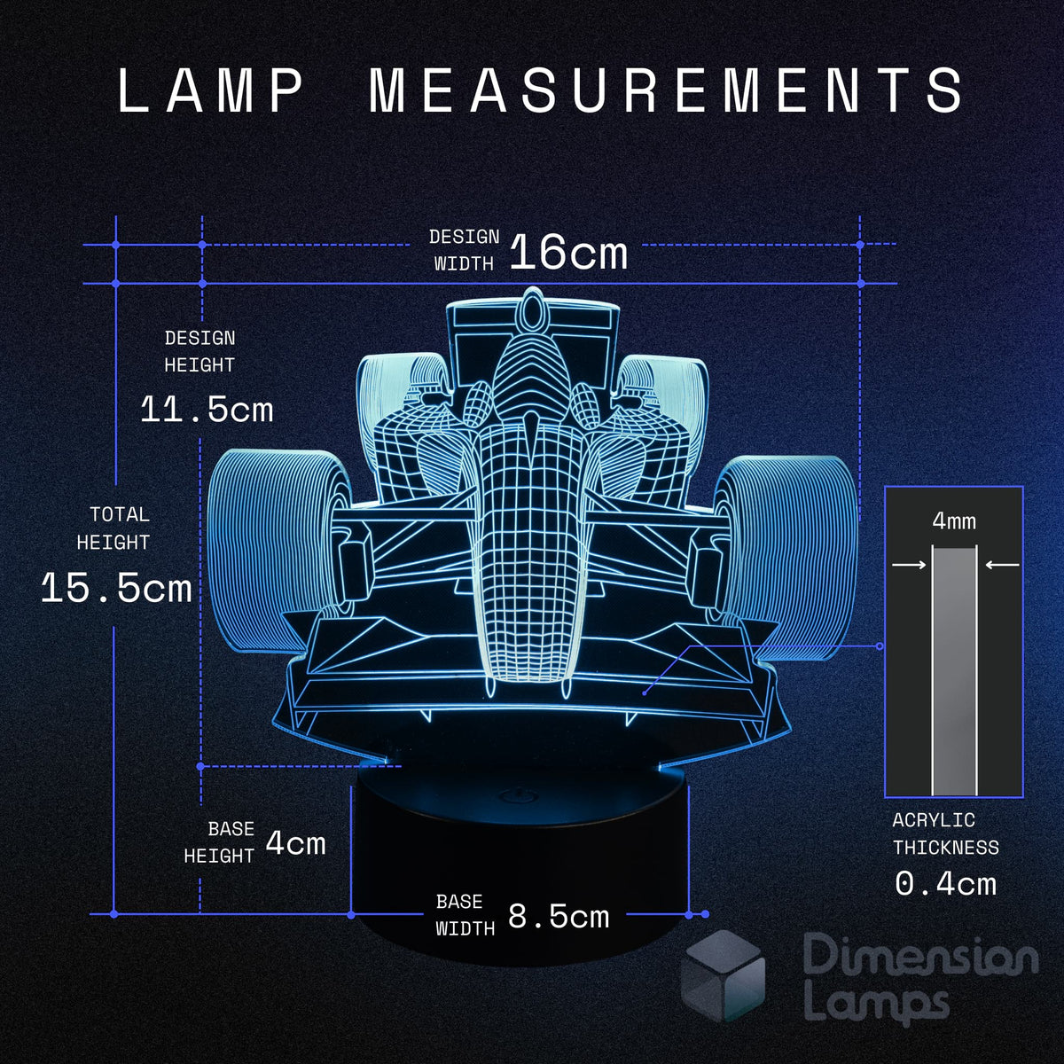 Measurement chart of a racing car-shaped lamp with dimensions on a dark background.