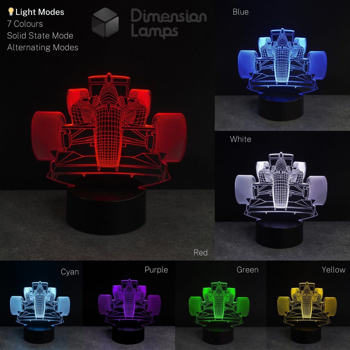 7-color 3D lamp with Formula 1 car design on a dark background. Gift idea for boys.