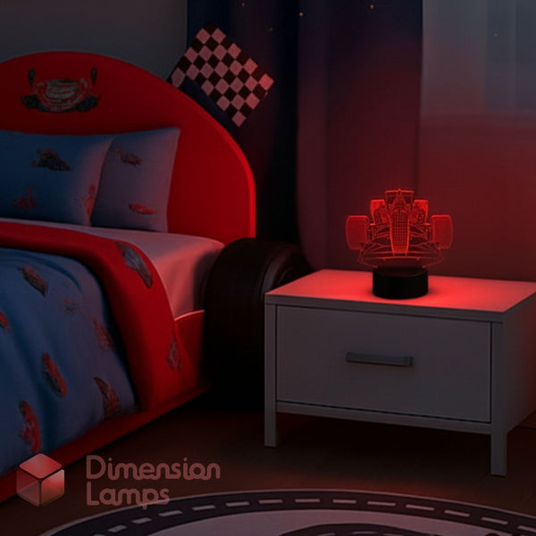 Yellow race car design lamp on a black background, nightlight for boys.