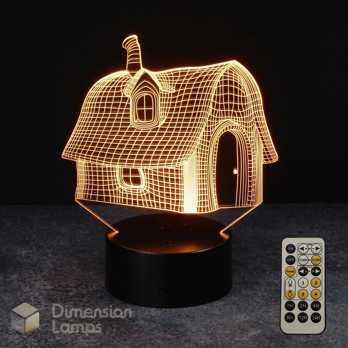 3D house-shaped night light with remote control on a dark surface, featuring Dimension Lamps brand.
