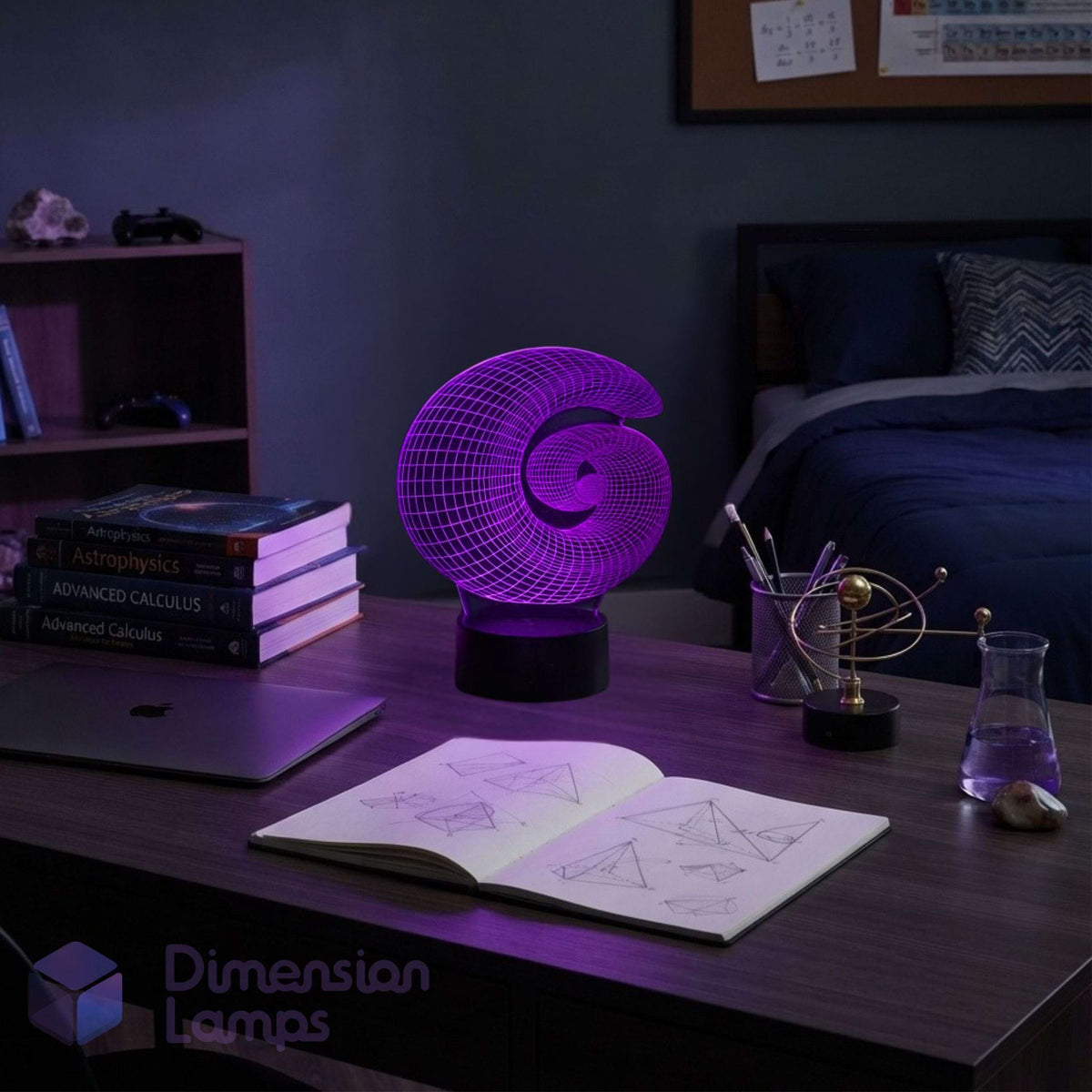A glowing purple Fibonacci spiral 3D LED lamp sits on a study desk in a dimly lit bedroom with books and a sketchbook. Design student gift idea. 