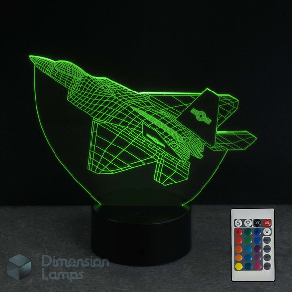 3D F 22 Raptor Jet airplane shaped night light with remote control on a dark background. 16 colour remote option shown.
