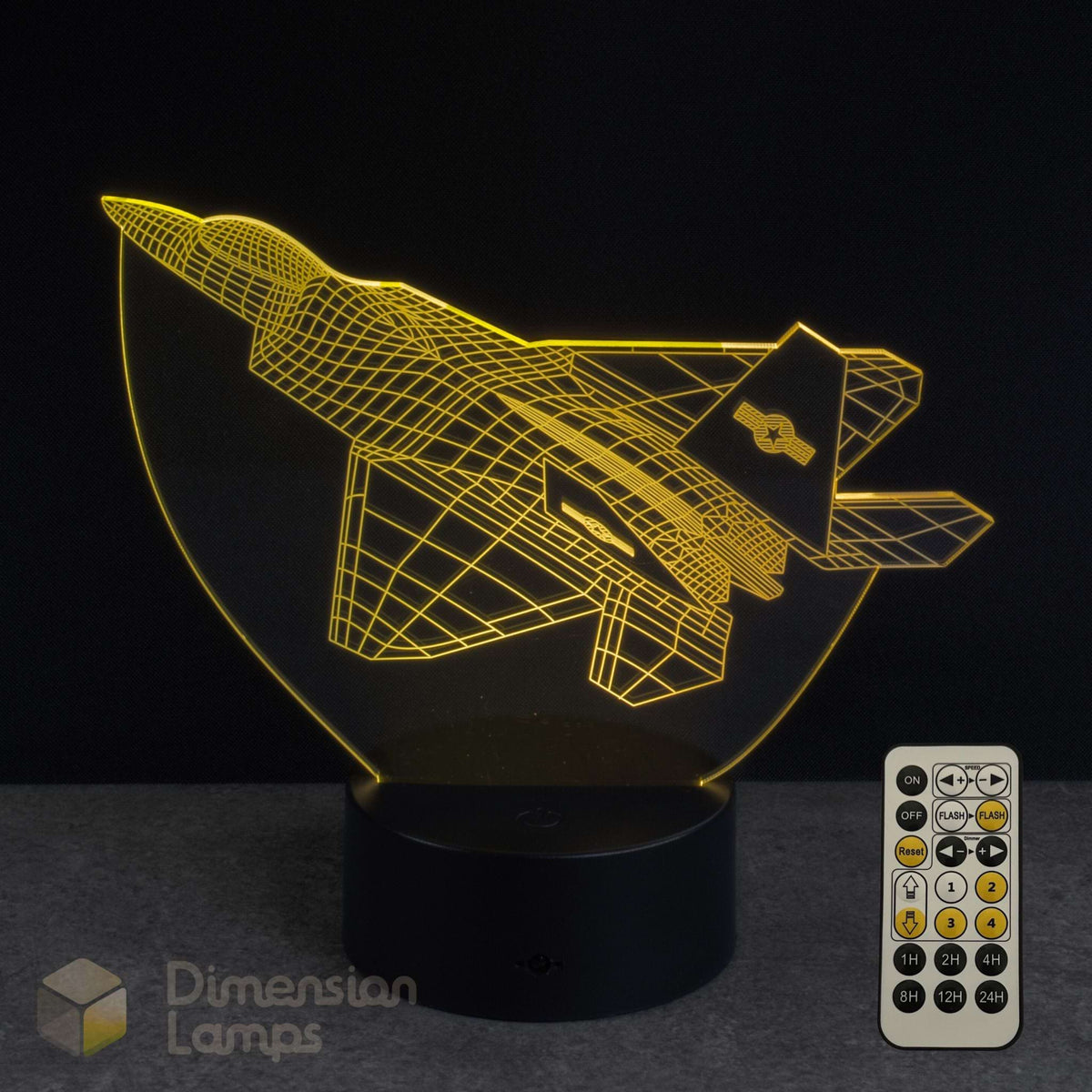 3D F 22 Raptor Jet airplane-shaped night light with remote control on a dark background