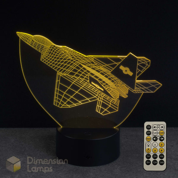 3D F 22 Raptor Jet airplane-shaped night light with remote control on a dark background