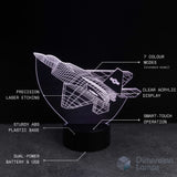 3D LED lamp with F 22 Raptor Jet aircraft design on a black background, featuring text about product features.