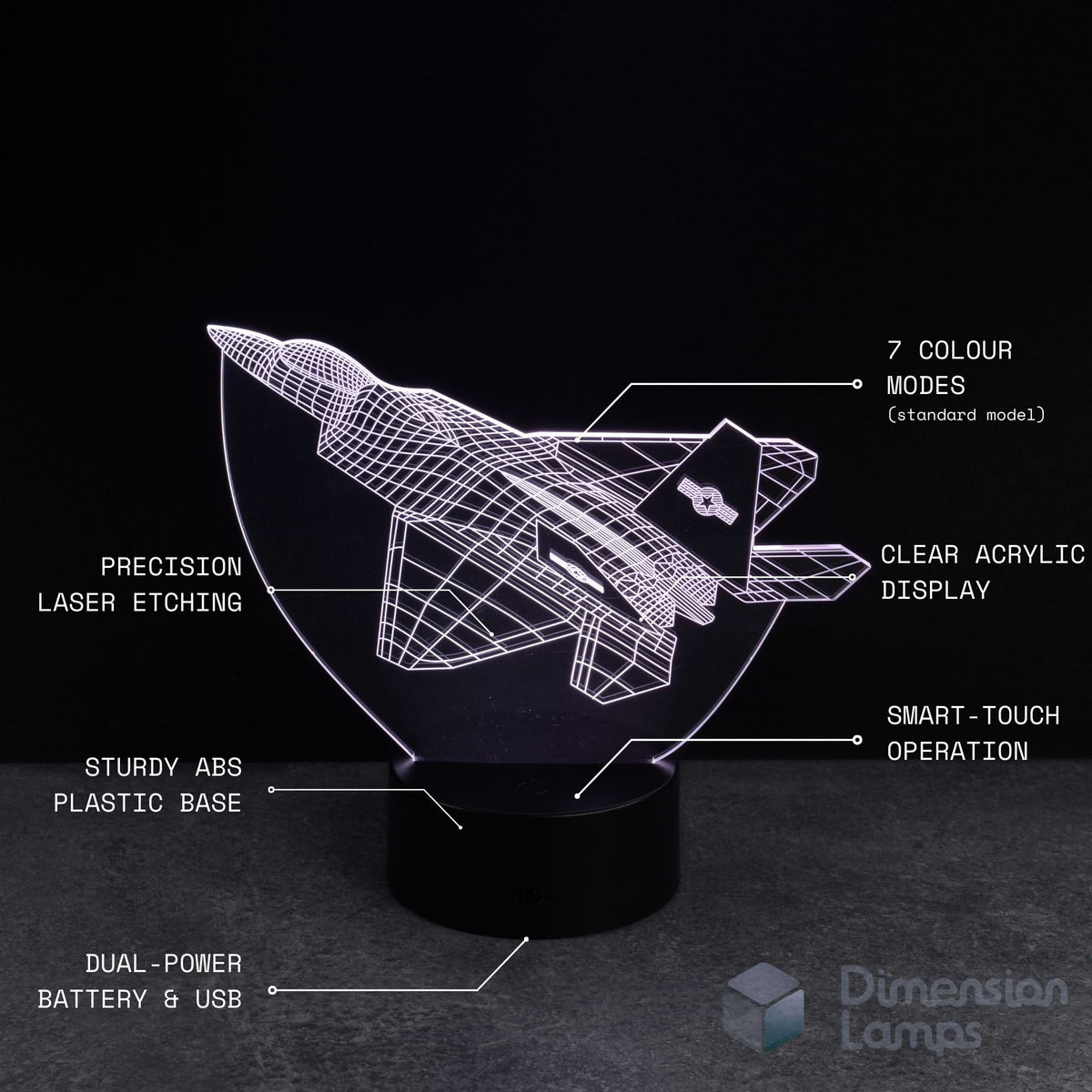3D LED lamp with F 22 Raptor Jet aircraft design on a black background, featuring text about product features.