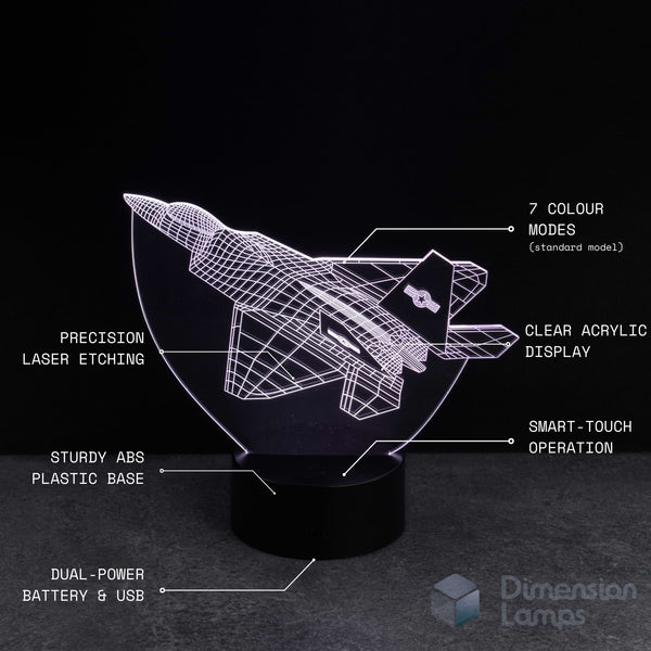 3D LED lamp with F 22 Raptor Jet aircraft design on a black background, featuring text about product features.