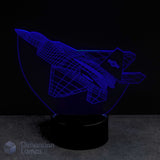 3DF 22 Raptor Jet airplane night light glowing blue on a dark background. Gift idea for boys. 