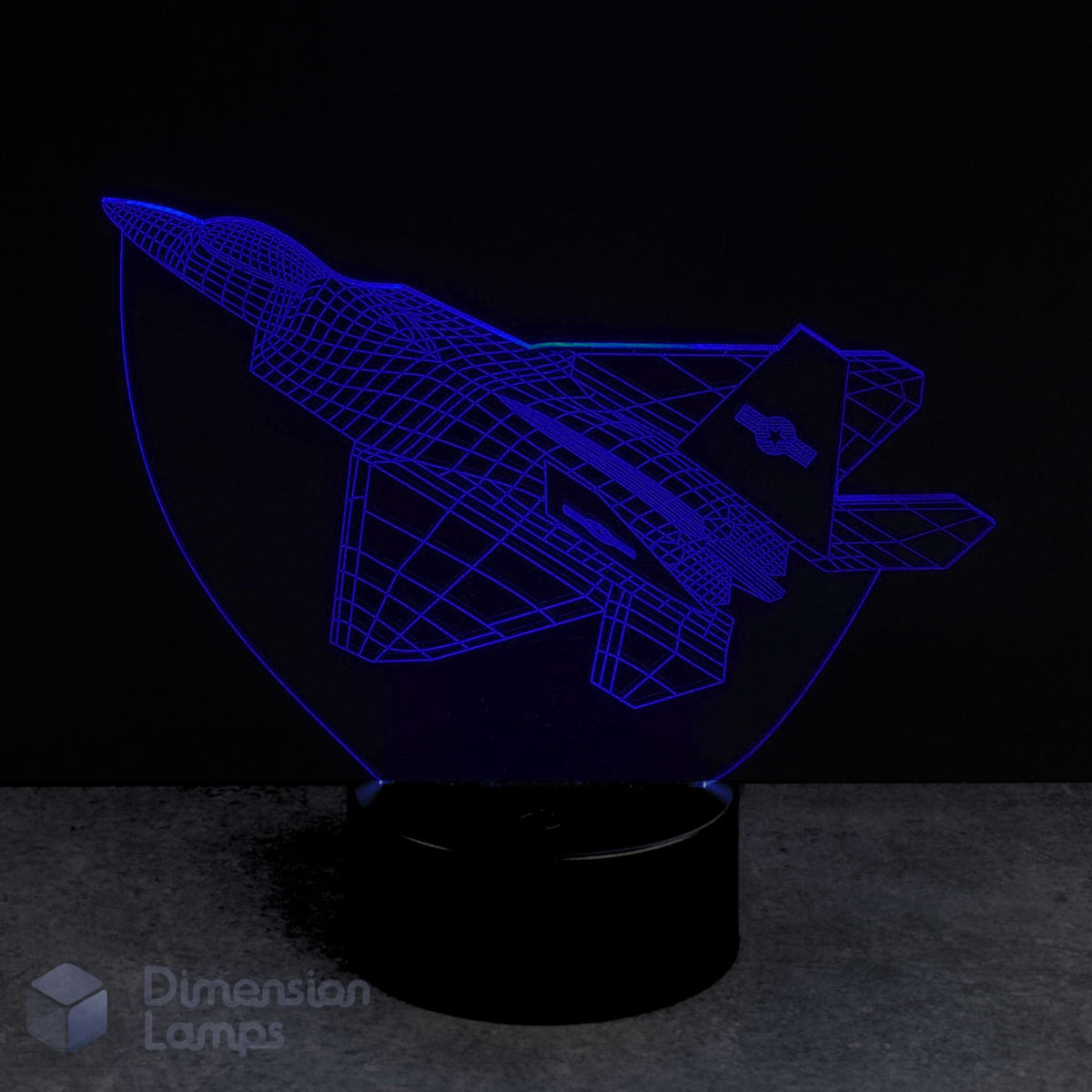 3DF 22 Raptor Jet airplane night light glowing blue on a dark background. Gift idea for boys. 