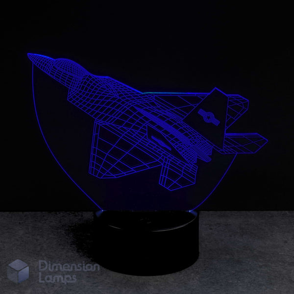 3DF 22 Raptor Jet airplane night light glowing blue on a dark background. Gift idea for boys. 