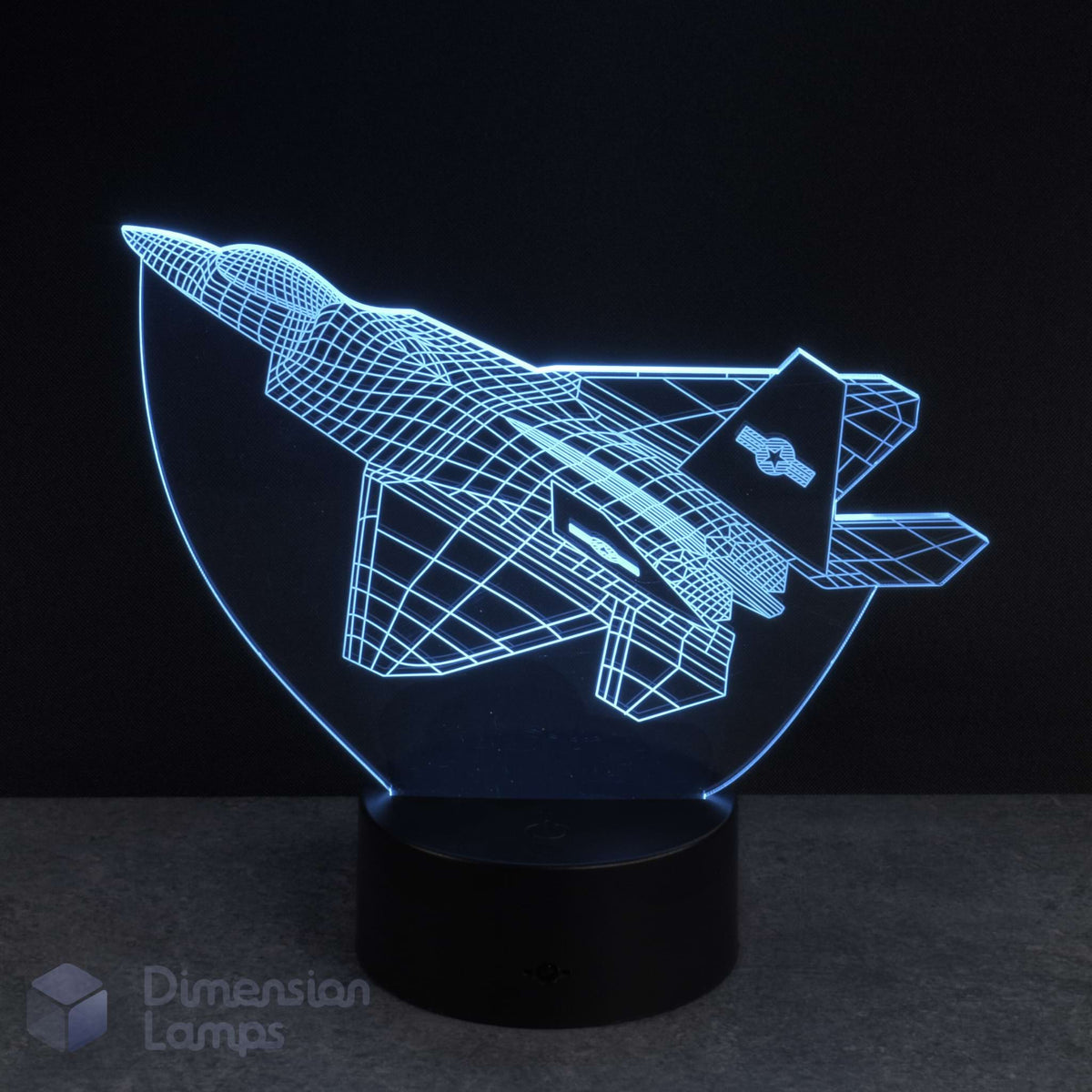 3D F 22 Raptor Jet airplane-shaped lamp with blue light on a black background. Night lamp Australia boys gift idea. 