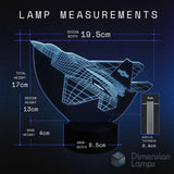 Measurement chart of a F 22 Raptor Jet fighter jet-themed night lamp with dimensions on a dark background.