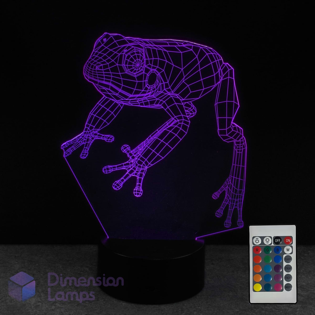 3D frog lamp with remote control on a dark background