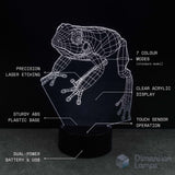 Frog-shaped night light with technical specifications on a black background