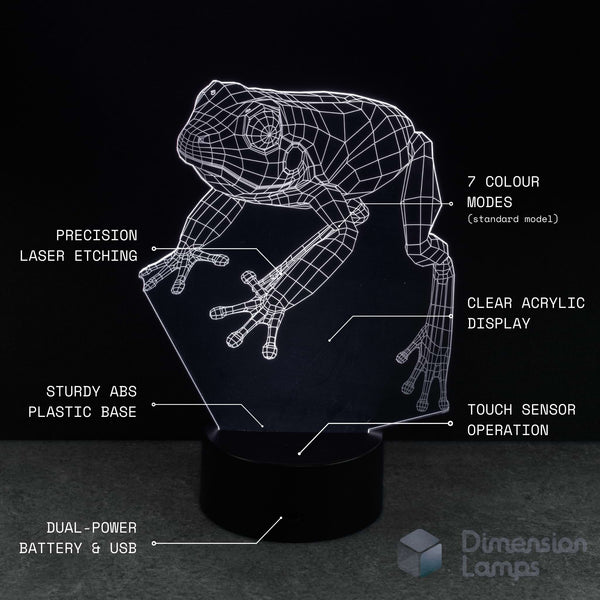 Frog-shaped night light with technical specifications on a black background