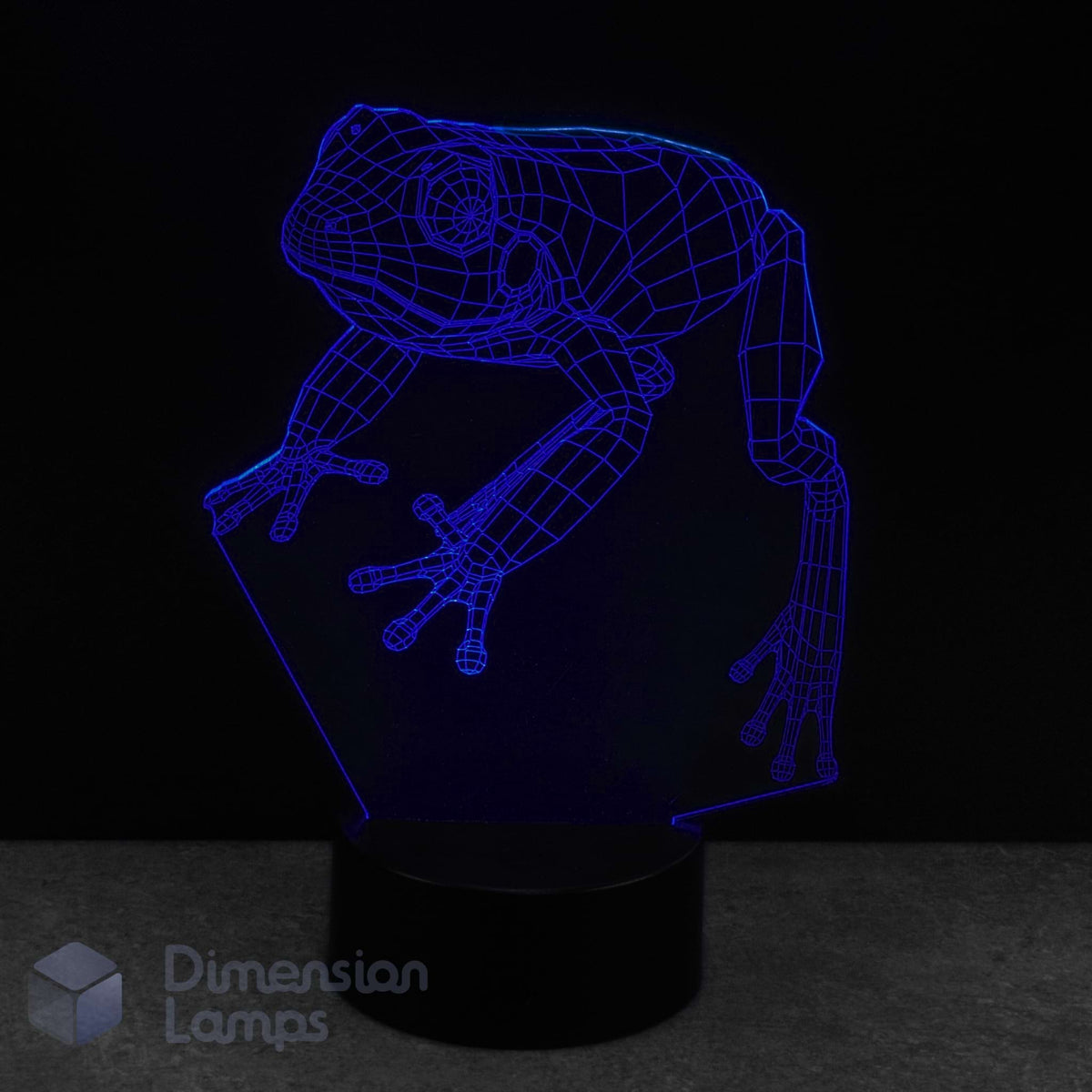 3D frog-shaped lamp with blue outline on a black background. Kids frog lamp.