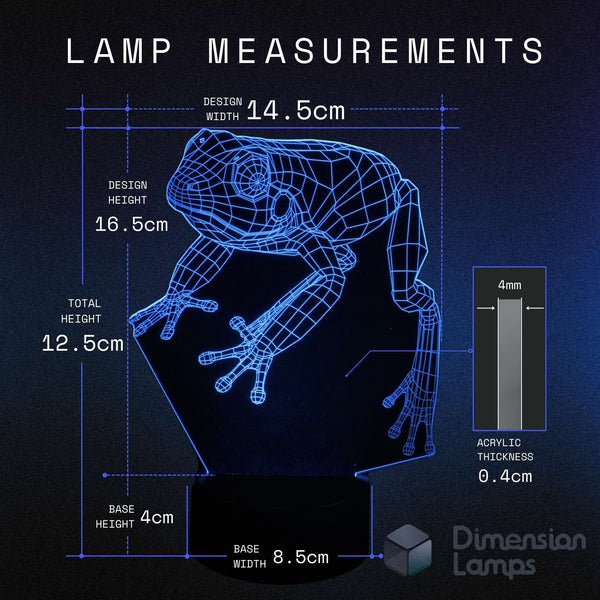 Technical drawing of a frog-shaped lamp with measurements on a dark background
