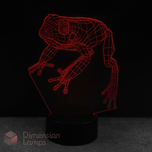 Red wireframe frog design on a black background with 'Dimension Lamps' branding.