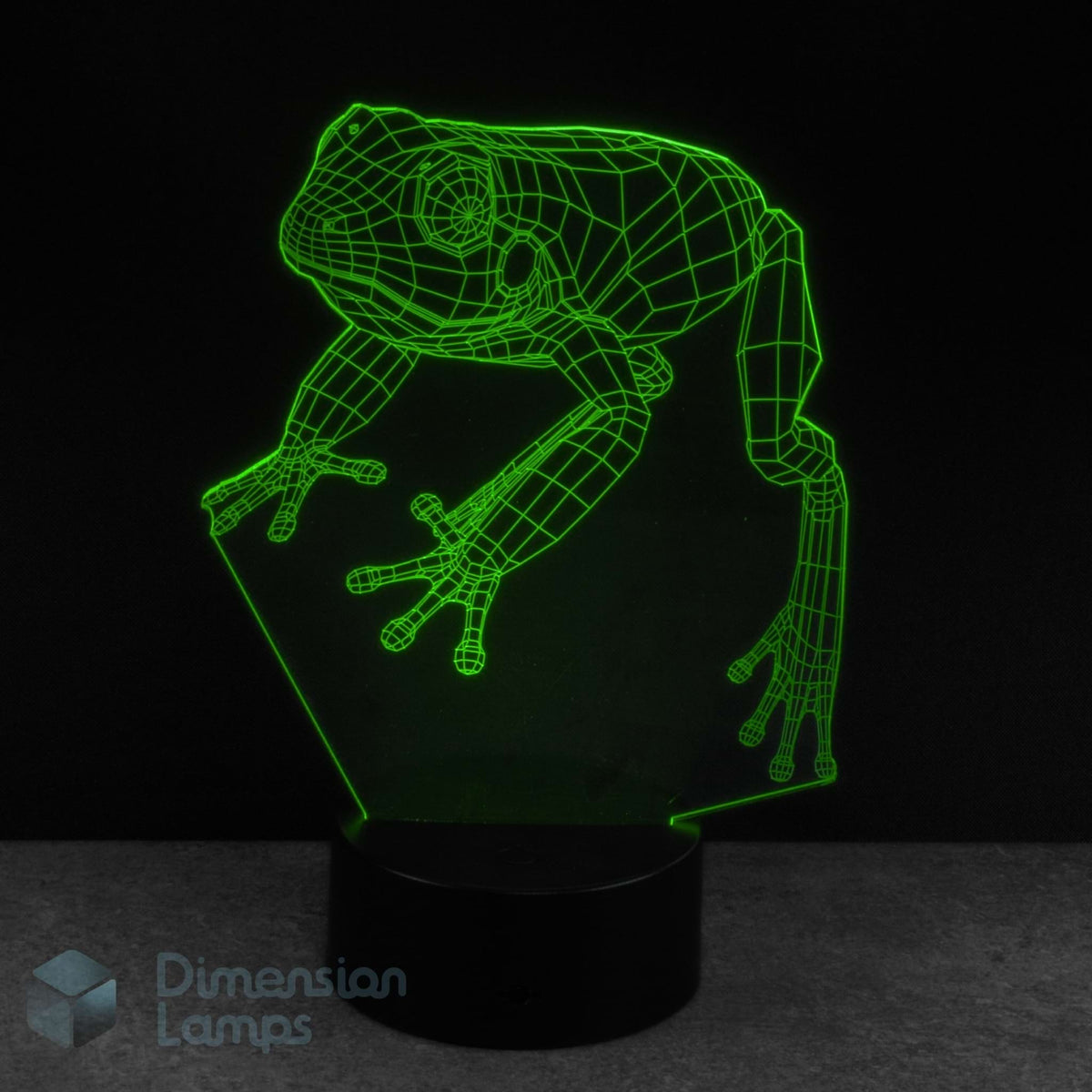 3D frog-shaped lamp with green outline on a black background, kids frog lamp.