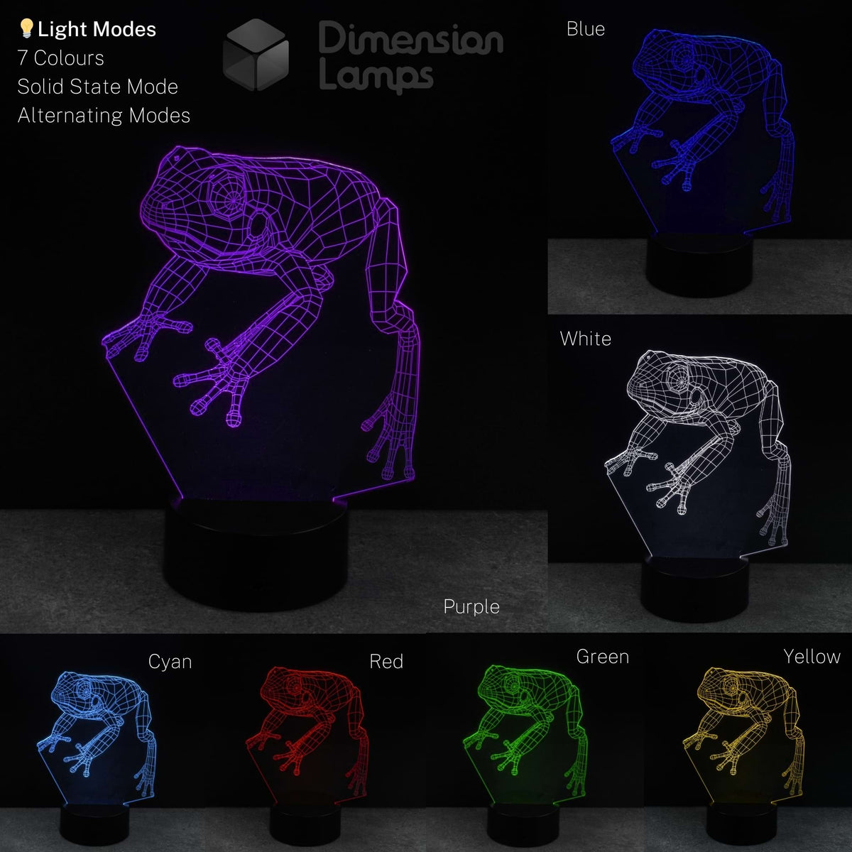 Frog-shaped 3D LED lamp displaying various color options on a dark background.