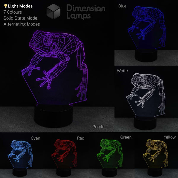 Frog-shaped 3D LED lamp displaying various color options on a dark background.