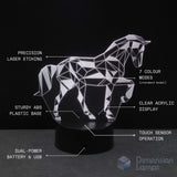 A geometric unicorn LED night light, shown with callout labels explaining features such as laser etching, colour modes, clear acrylic, touch sensor.