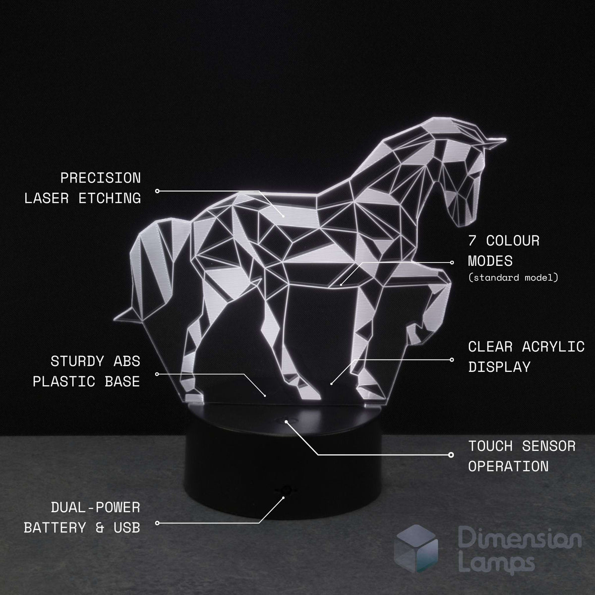A geometric unicorn LED night light, shown with callout labels explaining features such as laser etching, colour modes, clear acrylic, touch sensor.