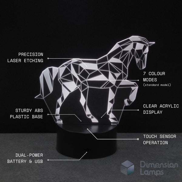 A geometric unicorn LED night light, shown with callout labels explaining features such as laser etching, colour modes, clear acrylic, touch sensor.