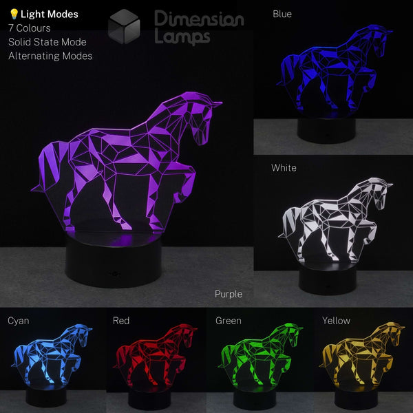 A 3D geometric unicorn night light shown in multiple colour modes on a black background. Shown in purple, blue, white, cyan, red, green, and yellow.