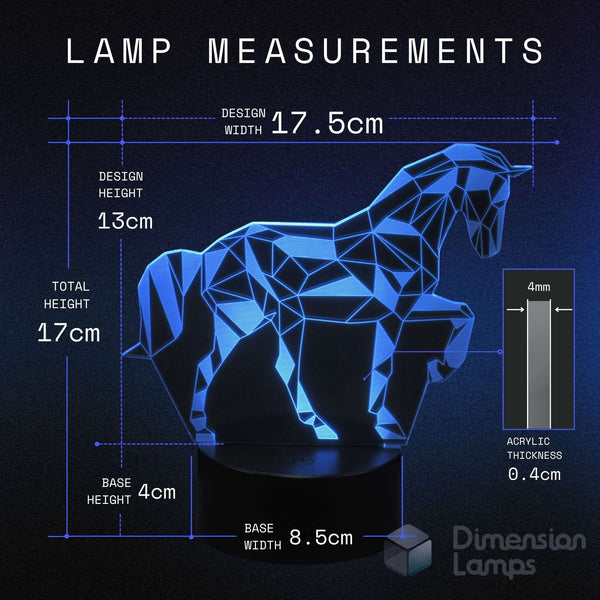 A blue geometric unicorn lamp on a black base with overlaid dimension labels. Includes dimensions for design width, height, and base dimensions.