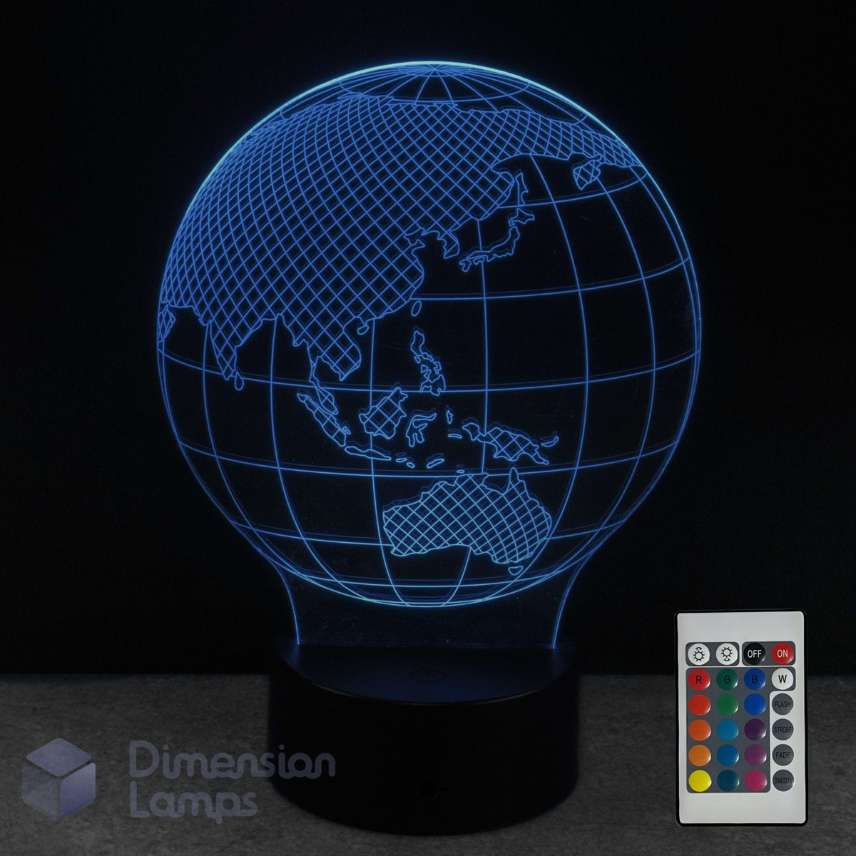 Globe-shaped lamp with a remote control on a dark background. Kids world map gift idea. 