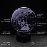 Globe-shaped lamp with technical specifications on a black background