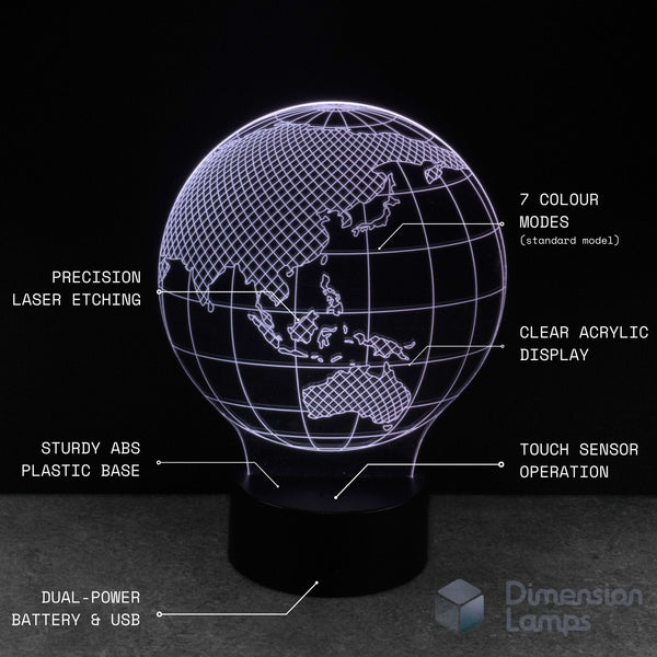 Globe-shaped lamp with technical specifications on a black background