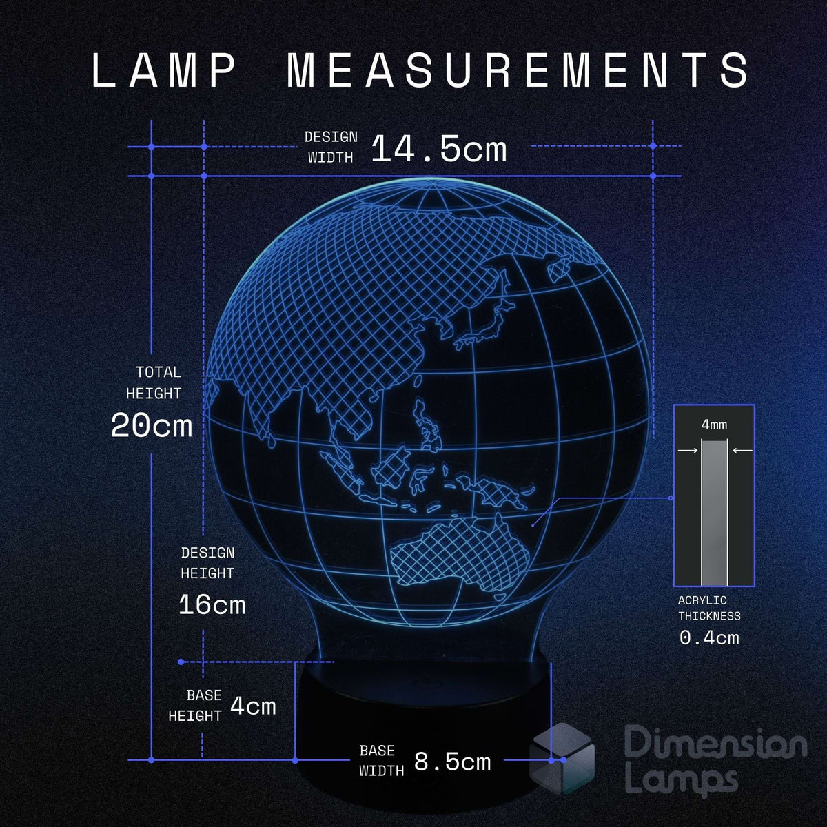 Globe-shaped lamp with measurements on a dark background. Kids geography gift. 