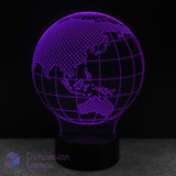 Globe-shaped lamp with purple lighting on a black background, branded 'Dimension Lamps'.