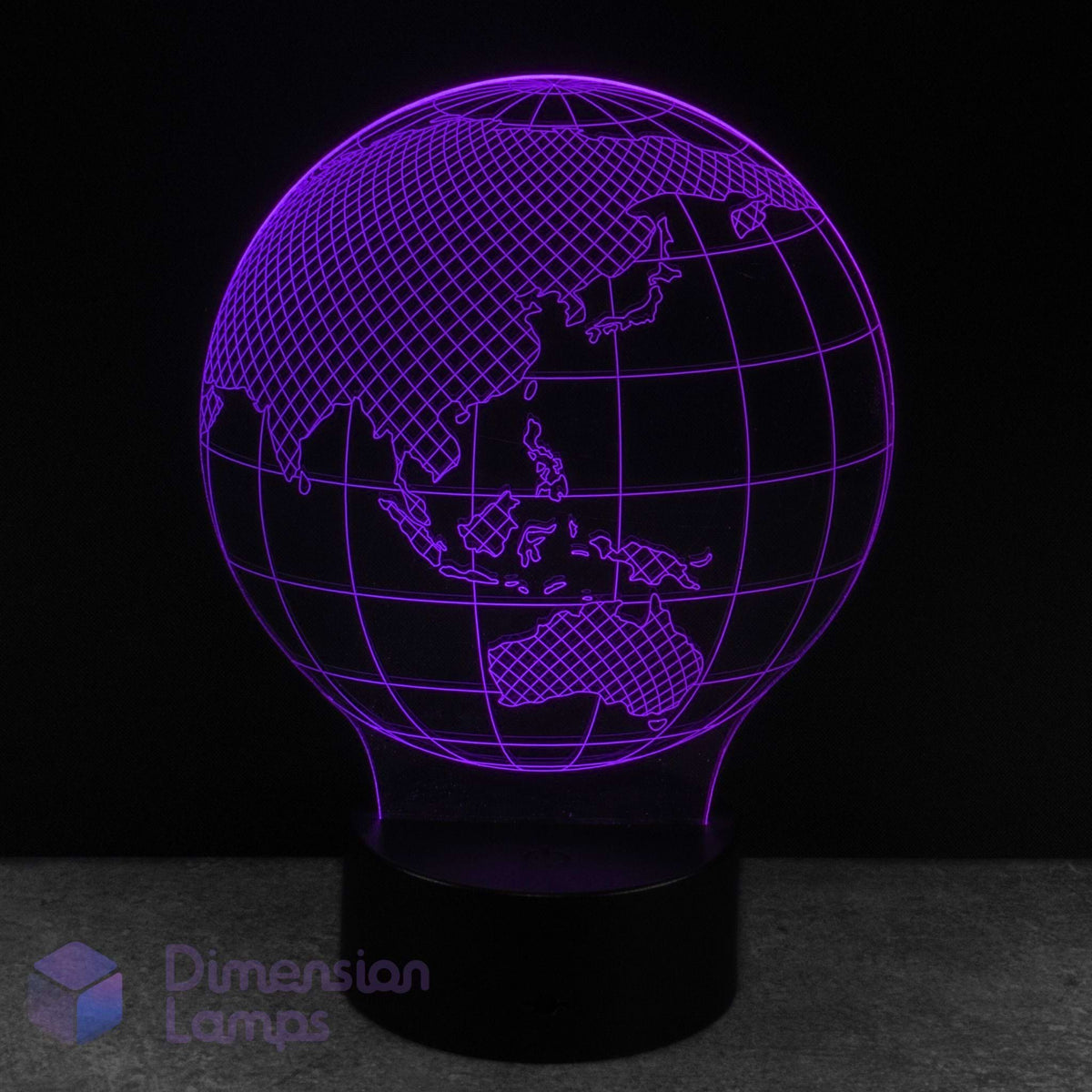 Globe-shaped lamp with purple lighting on a black background, branded 'Dimension Lamps'.
