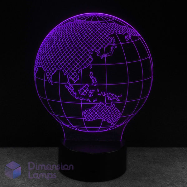 Globe-shaped lamp with purple lighting on a black background, branded 'Dimension Lamps'.