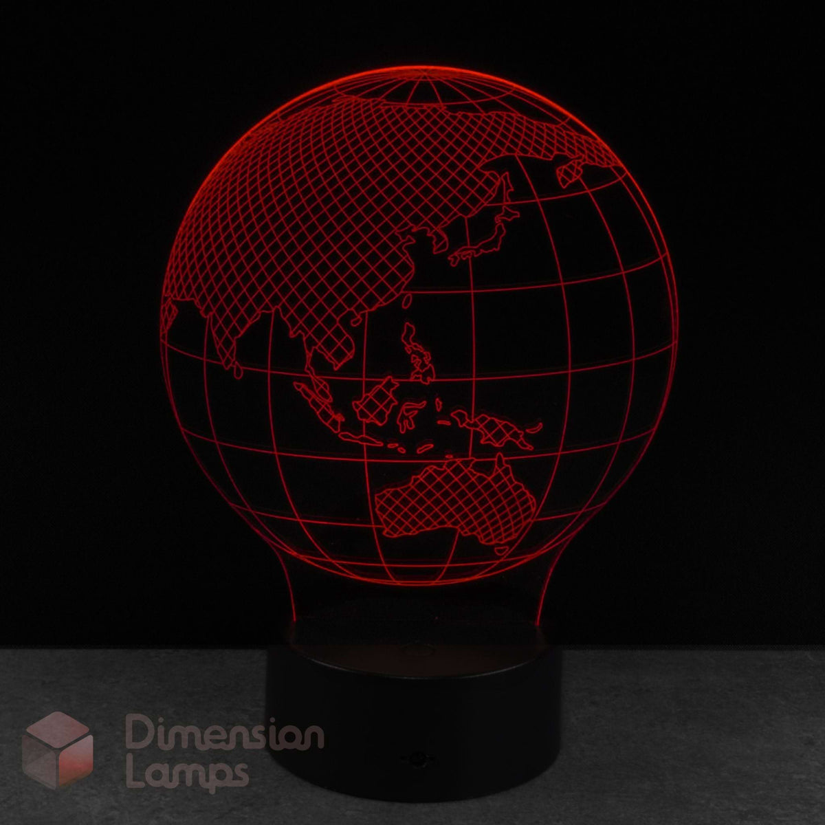 Wireframe globe lamp displayed in red on a black background. Kids world map gift idea. 