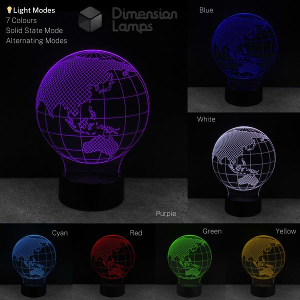 Globe-shaped lamp with colour-changing options on a dark background. Kids world globe gift idea. 