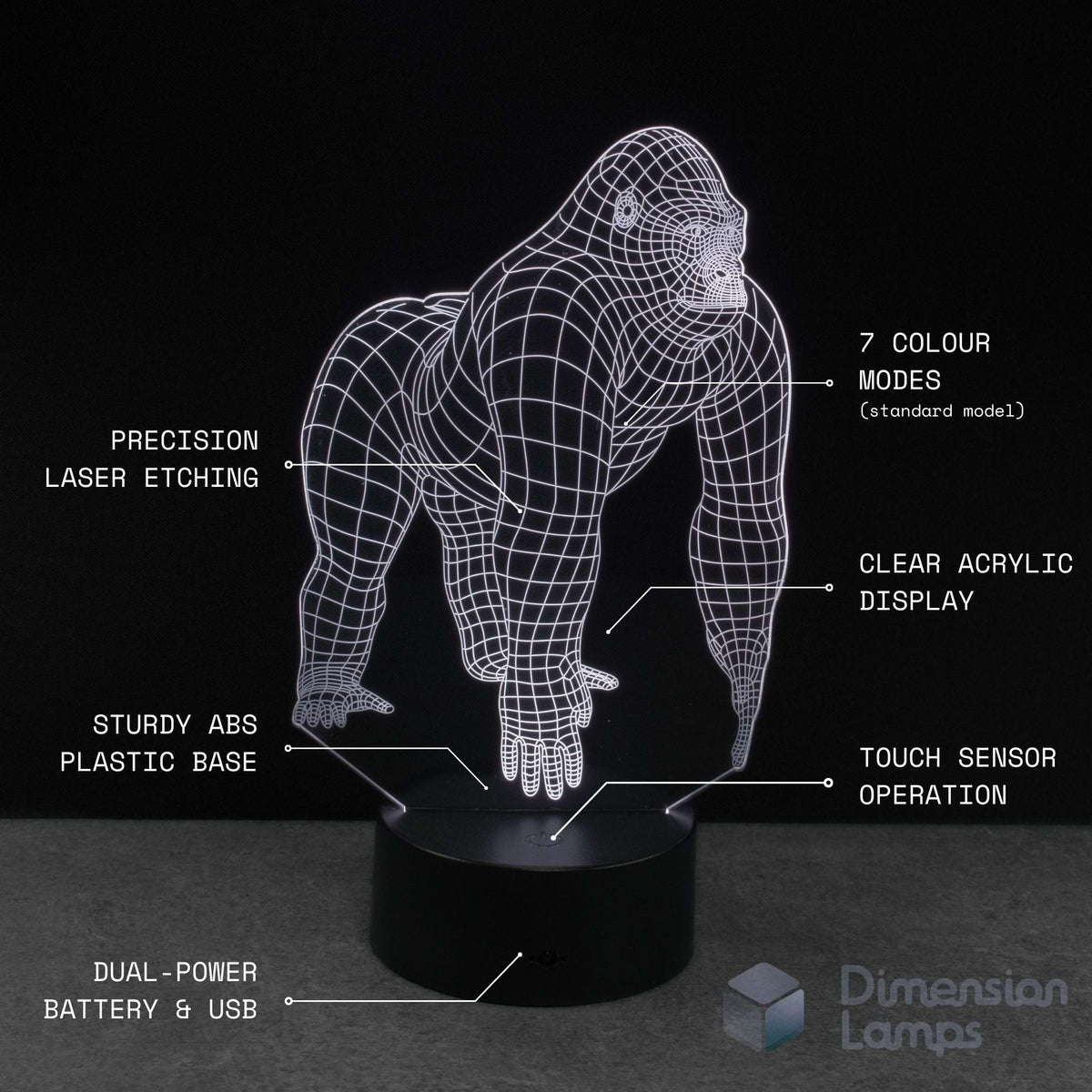 A white wireframe gorilla-shaped 3D illusion night light on a black base, dark background with callout feature labels and a Dimension Lamps logo.