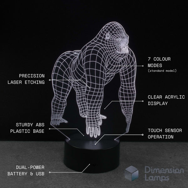 A white wireframe gorilla-shaped 3D illusion night light on a black base, dark background with callout feature labels and a Dimension Lamps logo.