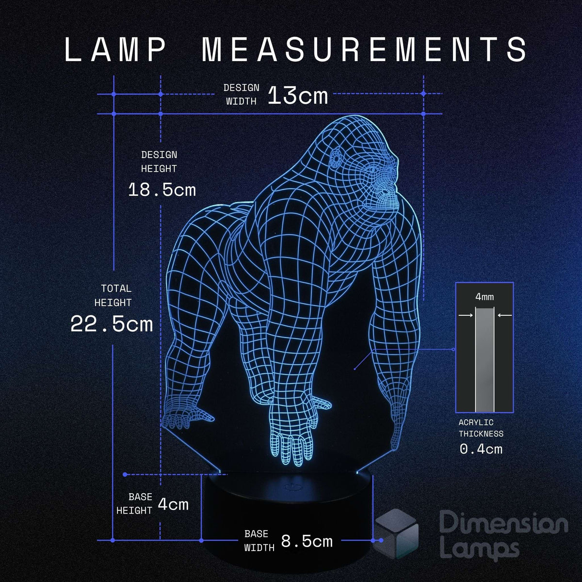 A diagram of a gorilla-shaped LED lamp on a black base with measurements for design width, height, total height, base width and thickness. 
