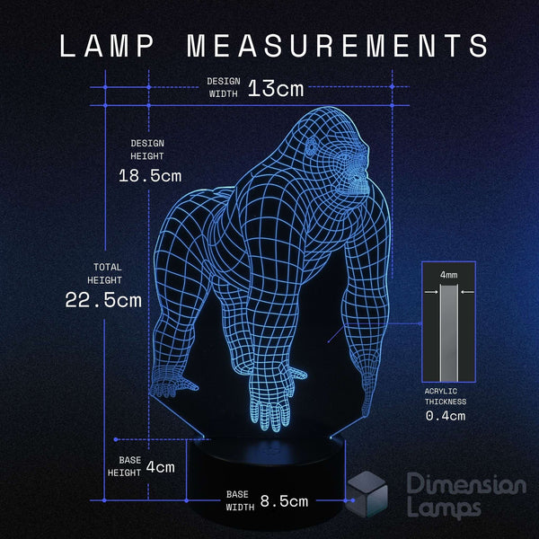 A diagram of a gorilla-shaped LED lamp on a black base with measurements for design width, height, total height, base width and thickness. 